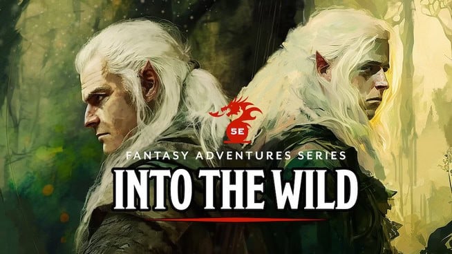 Cover art for "Into the Wild" from RiotMinds' Fantasy Adventures Series, featuring two white-haired, elf-like figures with serious expressions, facing opposite directions against a forest backdrop, with a red dragon logo soaring above the title.
