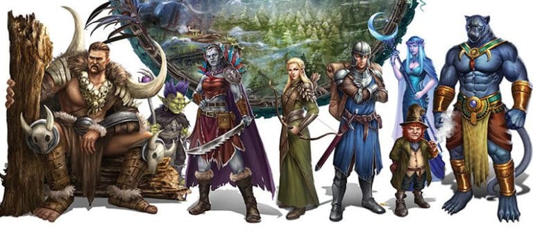 A group of seven fantasy characters in diverse costumes—including a warrior, an elf, and a rogue—stand against a mystical map backdrop. Their adventure unfolds in the Greenflame Forest, hinting at an epic journey akin to HEXplore It or the fabled Fall of the Ancients.