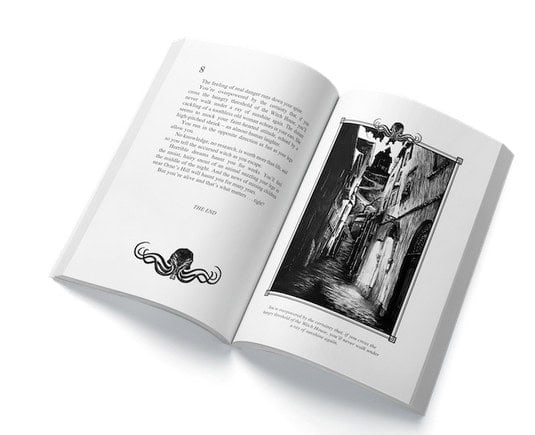 Open book showing a page with text on the left and an illustrated narrow alleyway on the right. An ornate octopus graphic is at the bottom of the left page, with "THE END" nodding to Lovecraft's Mythos above it.
