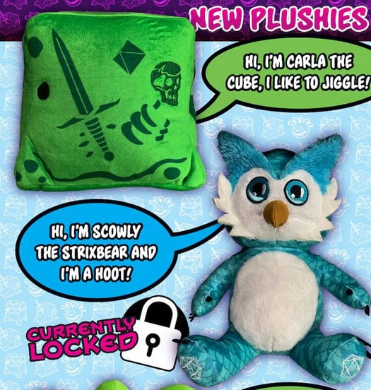 Image of two plush toys: a green cube with sword and skull designs saying, "Hi, I'm Carla the Cube from Dungeon Crawl Critters; I like to jiggle!" and an owl-like blue creature saying, "Hi, I'm Scowly the Strixbear and I'm a hoot!" The text reads "Currently Locked" with a padlock icon.