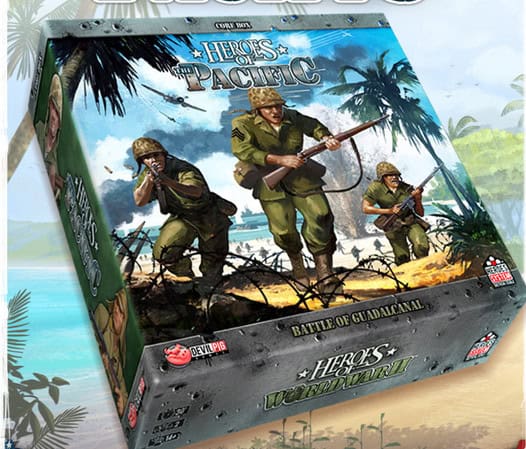 Board game box for the Kickstarter edition of "Heroes of the Pacific: Battle of Guadalcanal" features three soldiers in WWII attire advancing on a beach with palm trees against an ocean backdrop. The box showcases vibrant artwork and game logos.