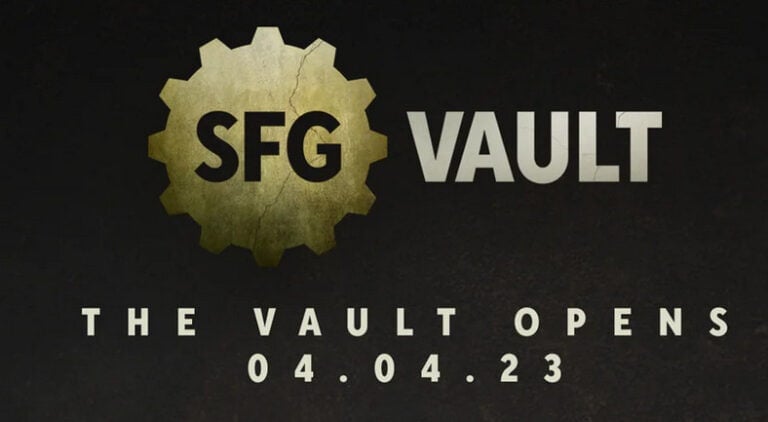 The image features a dark background with a gold gear design and the text "SFG Vault." Below, it boldly proclaims "The Vault Opens 04.04.23," hinting at exclusive game expansions available for a limited time.