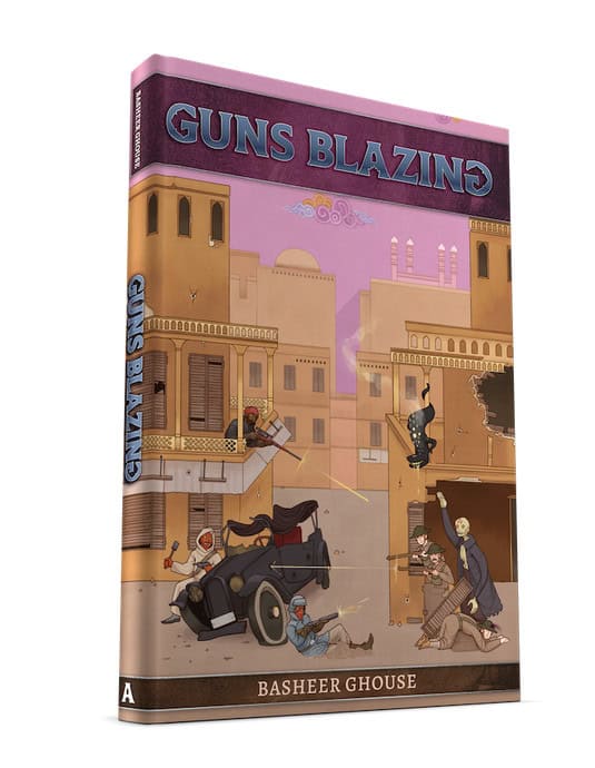 The book cover of "Guns Blazing" by Basheer Ghouse captures a Roaring 20s-inspired scene, where a vintage city comes alive in dramatic action. Amidst classic cars and towering buildings, characters engage in intense exchanges, crafting an exhilarating narrative set in an alternate reality RPG.