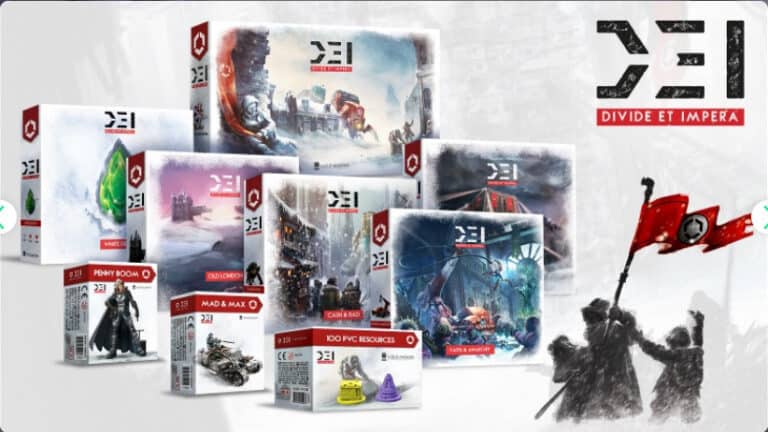 A collection of board game boxes from the DEI (Divide et Impera) series, including the Faith & Anarchy expansion, showcases various scenes and resources. Characters in winter attire are holding a red flag with a black symbol on the right side—a striking display funded on Gamefound.