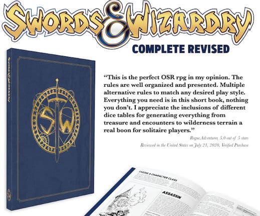 Cover of "Swords & Wizardry Complete Revised" with a book review. Features intricate title design, a dark blue RPG book cover with gold lettering, and a visible game rules excerpt at the bottom. Review highlights the Kickstarter success and game's organization and versatility.