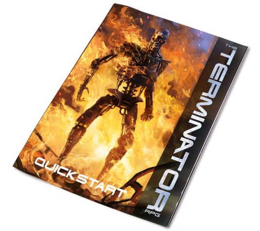Cover of "The Terminator RPG Quickstart" featuring a humanoid robot engulfed in flames, reminiscent of T2 Judgment Day, with a dark background and bold text on the right side.
