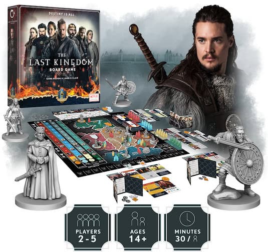The box art and components of "The Last Kingdom" board game, a Kickstarter sensation by Gamelyn Games, showcase game pieces, a detailed board, cards, and tokens. The image features a warrior with a sword against a fiery backdrop. Suitable for 2-5 players, ages 14+, 30 min/game.