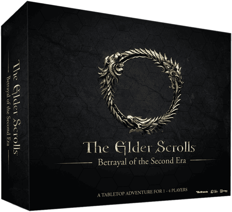 The box cover of "The Elder Scrolls: Betrayal of the Second Era" tabletop adventure showcases a dark background adorned with the iconic ouroboros dragon symbol in gold. Perfect for 1-4 players, it invites you to immerse in an epic journey.
