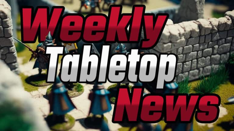 Miniature figurines in a medieval setting with stone walls. Large text overlay reads "Weekly Roundup: Tabletop News, March 26th, 2023" in bold, red and white font.
