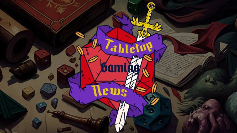 Illustration of tabletop gaming elements: dice, books, and a tentacle, with a sword and key on a shield. The text "Tabletop Gaming News Roundup" is displayed in a banner across the shield.
