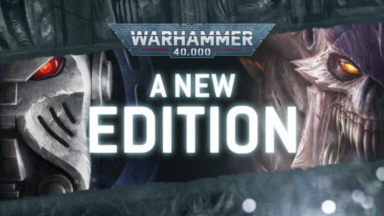 Warhammer 40,000's promotional image for "A New Edition" showcases a stylized sci-fi design, featuring a helmeted figure on the left and a Tyranid Hive Fleet Leviathan creature on the right. The composition is divided by bright central text hinting at game-changing updates.