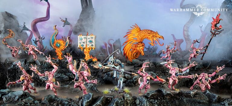 Miniature models from Warhammer 40K, featuring Regiments of Renown and fantasy creatures in dynamic poses. They are set on a rocky terrain with tentacles in the background, displaying vibrant colors and intricate details.