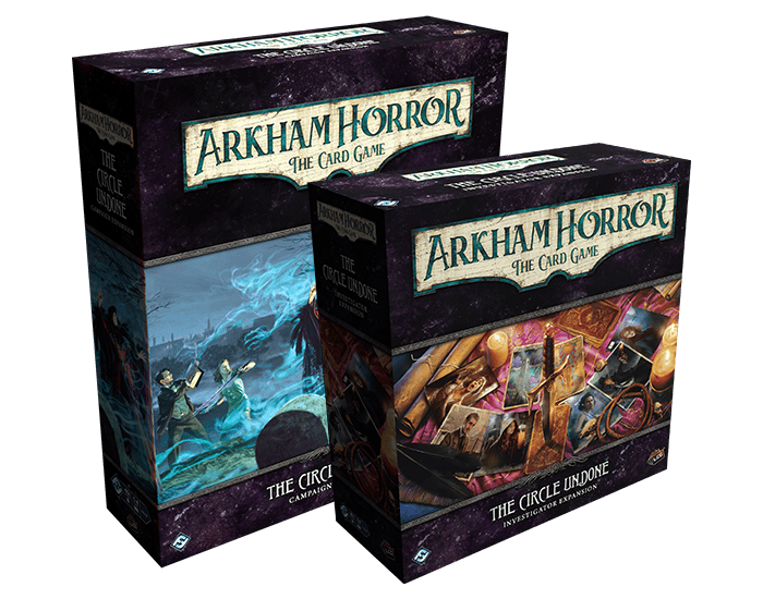 Two boxes of "Arkham Horror: The Card Game" are displayed. The left box reveals a mysterious blue scene, while the right showcases mystical artifacts and symbols. Both feature the subtitle "The Circle Undone," capturing the eerie essence of this captivating card game.