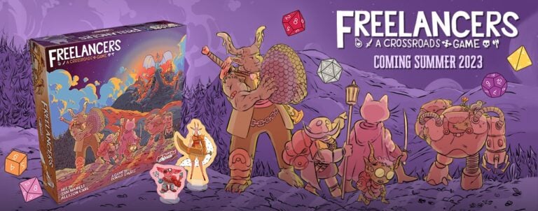 Promotional image for "Freelancers: A Fantasy RPG Crossroads Game," coming summer 2023. Features game box, dice, and a fantasy-themed illustration with various characters in vibrant colors walking through a whimsical landscape.