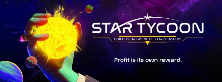 A hand holds a fiery, glowing sun against a dark space backdrop with planets. Text reads "STAR TYCOON: A Galactic Strategy Game" and "Build Your Galactic Corporation" with the phrase "Profit is its own reward" below. Join us on Kickstarter to embark on this cosmic journey.