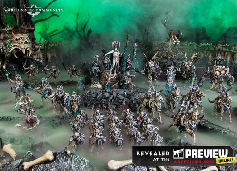 A detailed display of Warhammer miniatures depicts an army of skeleton warriors and leaders in an eerie, misty landscape. Banners and weapons are held high amidst twisted trees and ancient ruins. Text includes "Previews" and "AdeptiCon 2023".