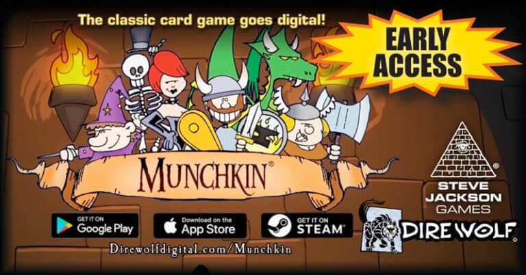 Promotional image for the digital version of "Munchkin" featuring cartoon characters like a wizard, knight, and dragon. Text reads "The classic card game goes digital on iOS and Android! Early Access." Logos for app stores and Steve Jackson Games visible.