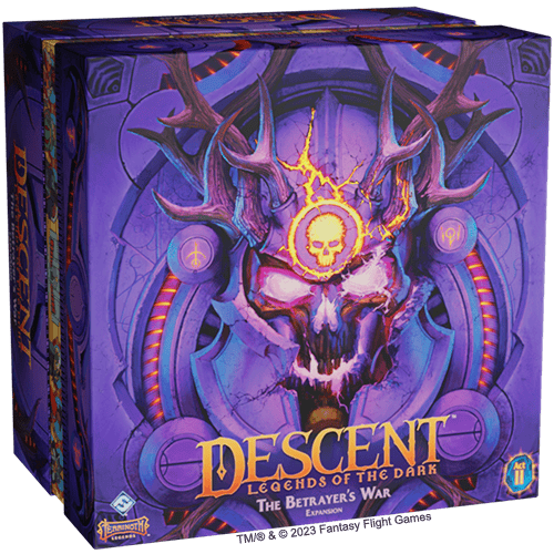 Box cover for "Descent: Legends of the Dark - The Betrayer's War Expansion" showcases a menacing skull design with glowing eyes and horns, set against a mystical purple background with intricate patterns, perfectly capturing the essence of this thrilling expansion pack.