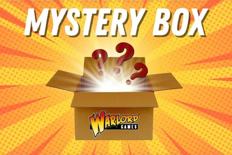 An open mystery box with a logo for Warlord Games on the front entices your curiosity. Three red question marks hover above, illuminated by bright light from within. The vibrant orange and yellow sunburst background frames the text "Mystery Box Digital Sale" prominently at the top.