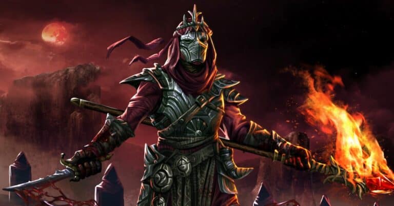 A warrior in ornate armor stands against a fiery landscape, embodying the spirit of Blood and Doom. They hold a flaming sword in one hand and a dagger in the other. Red hood and cloak billow in the wind as Dicetale Games' dramatic vision unfolds beneath a blood-red moon and jagged mountains.