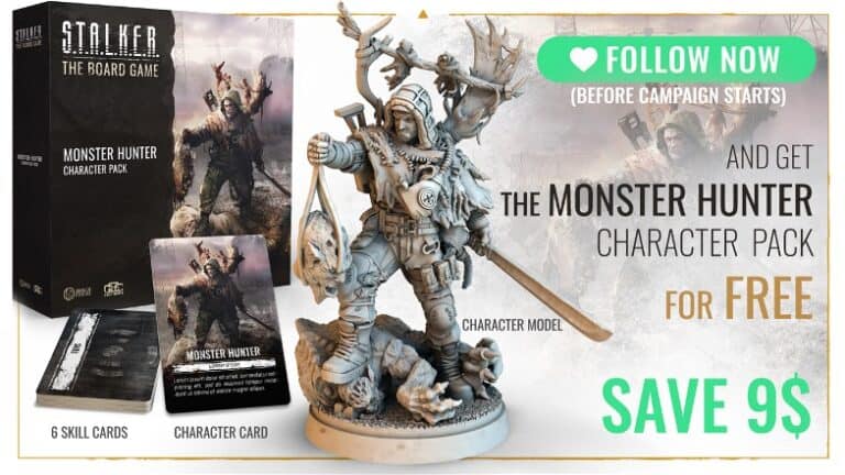 Image of a "S.T.A.L.K.E.R. Board Game" promotion featuring a Monster Hunter character model, a character card, and six skill cards by Awaken Realms. Text offers a free Monster Hunter character pack and a $9 saving if followed on Gamefound before the campaign starts.