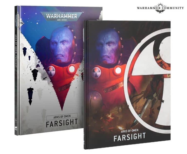 Covers of two Warhammer 40,000 books titled "Arks of Omen: Farsight." The left cover features Commander Farsight in red armor against a white and blue background, while the right shows him with a circular emblem on a red and black backdrop. A stunning showcase from Games Workshop’s latest Sunday Preview.