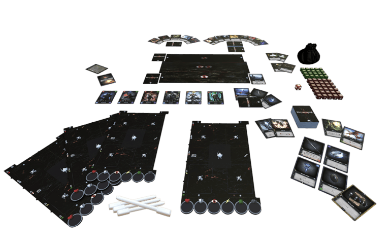 A tabletop board game setup featuring elements of a dark fantasy card game, with various cards, player boards, tokens, and game pieces arranged neatly. Stacks of cards and dice complement the Diablo Games vibe, while player resources on the sides hint at its Kickstarter origins.