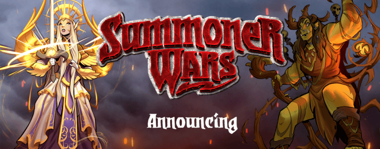Fantasy-themed illustration featuring two mystical characters. One, resembling the High Elves, has a halo and light energy, while the other has horns and a dark aura. The text "Summoner Wars Announcing" is prominently displayed in the center.