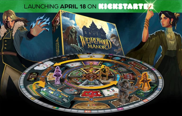 A promotional image for the cooperative board game "Weirdwood Manor" showcases its vibrant circular board and diverse character pieces. Illustrations of two characters stand in the backdrop, setting an adventurous tone. Launch date: April 18 on Kickstarter.