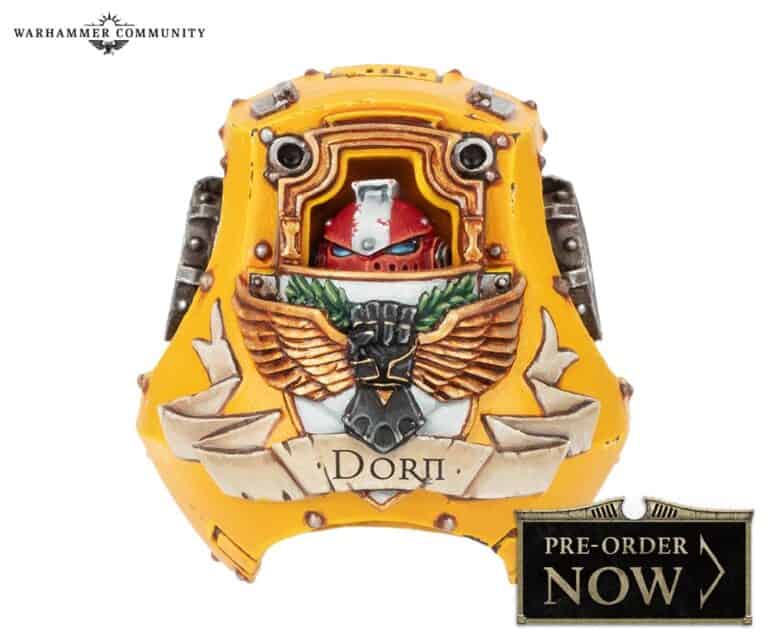 A yellow armored piece featuring a red-helmeted figure, a golden-winged emblem, and the name "Dorn" at the bottom. The top left displays "Warhammer Community", hinting at Forge World's craftsmanship in Contemptor Carapaces. A "Pre-Order Now" button graces the bottom right.