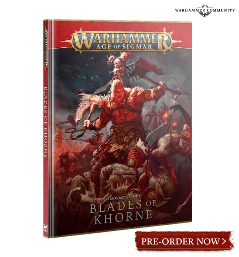 Cover of "Warhammer Age of Sigmar: Blades of Khorne." It showcases a fierce, armored warrior with a raised weapon amidst demonic creatures. The dark, intense background underscores the Chaos Reigns theme. Pre-order text in the bottom corner.