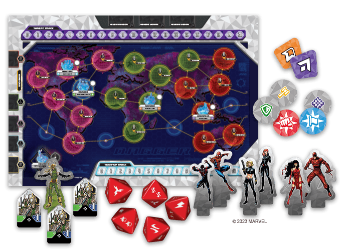 Board game setup featuring a world map with colored nodes, various tokens, dice, and character standees. The map shows interconnected routes with superhero figures from Marvel D.A.G.G.E.R., suggesting a theme of strategic gameplay by Fantasy Flight Games.