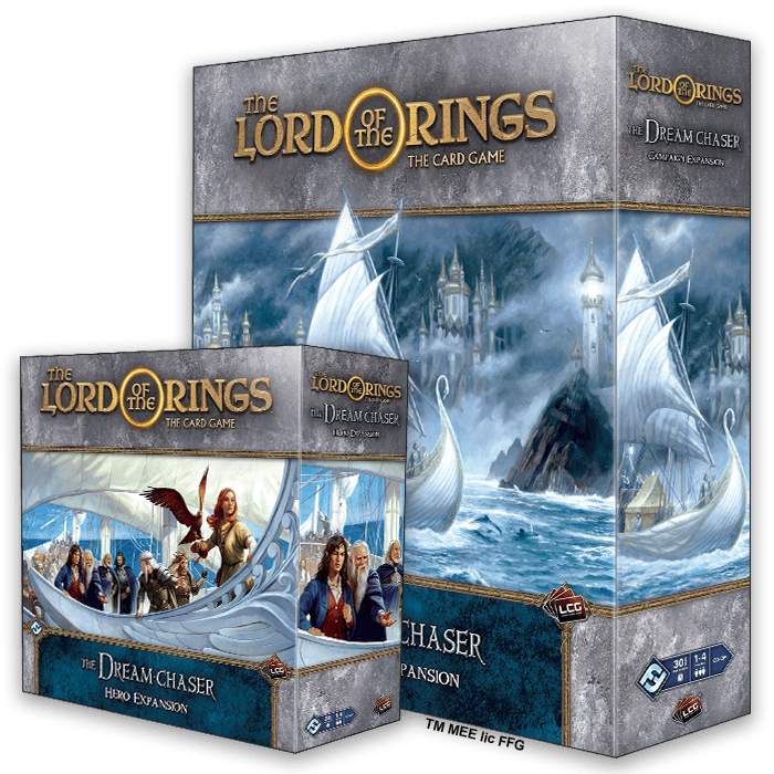 Two boxes of Fantasy Flight Games' "The Lord of the Rings: The Card Game" Dream-chaser Cycle expansion are displayed. The artwork features a group of characters on a ship with a castle background, along with age and player details for this adventurous game.