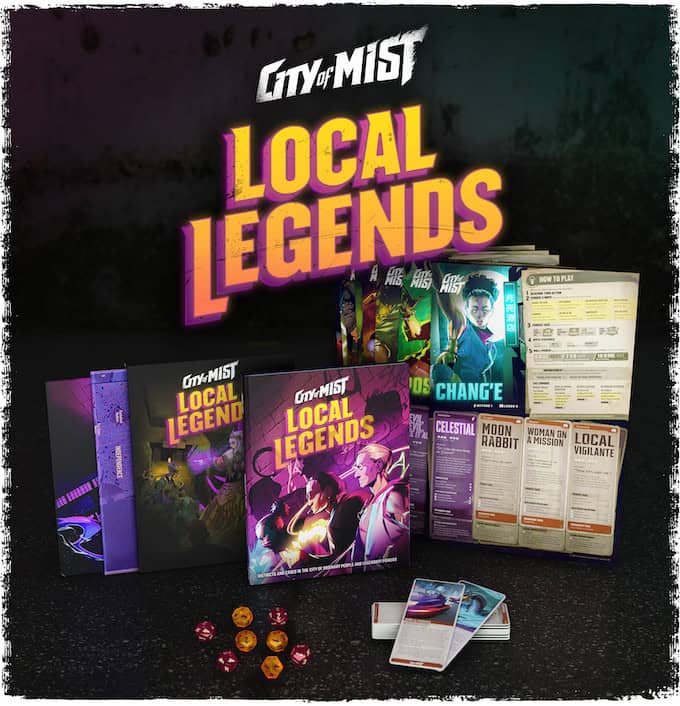 The "City of Mist RPG: Local Legends" set is a captivating tabletop role-playing experience, complete with game books, cards, dice, and immersive artwork. The display features character cards and scenes that vividly capture the game's vibrant, mysterious theme.
