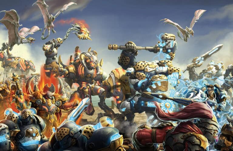 A dynamic scene of armored warriors and creatures clashing on a battlefield. The futuristic warriors, reminiscent of WARMACHINE's iconic MKIV style by Privateer Press, wear intricate armor, while dragons and mechanical creatures fill the sky, heightening the chaotic, fantasy-themed battle.