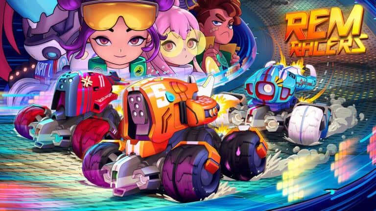 In the vibrant world of "Rem Raliers," a colorful animated racing game, futuristic cars speed along curving tracks. Characters with expressive faces amplify the dynamic energy, reminiscent of a thrilling REM Racers experience.