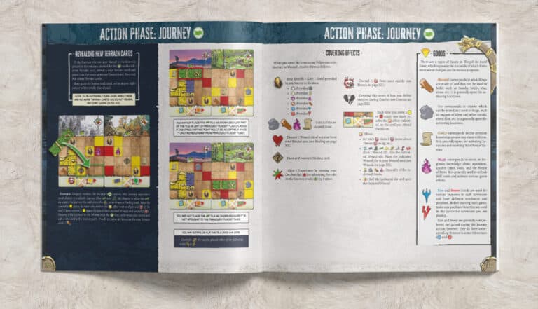 An open board game rulebook from Portal Games showcases the "Action Phase: Journey" section. It includes colorful illustrations, instructions, symbols, and text detailing gameplay elements and movement mechanics on a textured paper background. Perfect for fans of Thorgal adventures!