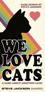 The cover of the "We Love Cats Dice Game," launching in 2023 and designed by Steve Jackson, boasts a black cat silhouette, a heart shape, and vibrant diagonal stripes set against a light backdrop.