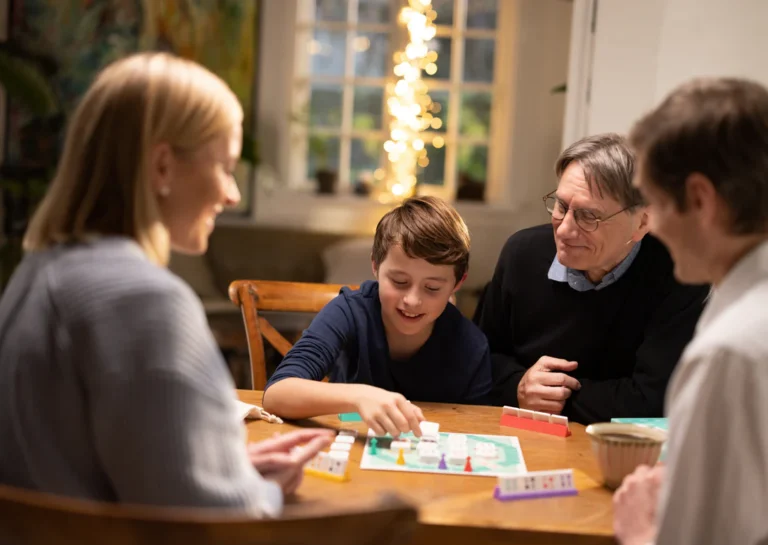 A family of four gathers around a wooden table playing a tile game, with the focus on a young boy moving a piece. The warm, softly lit room, enhanced by string lights and a window view, creates an inviting atmosphere reminiscent of an Asmodee ad.