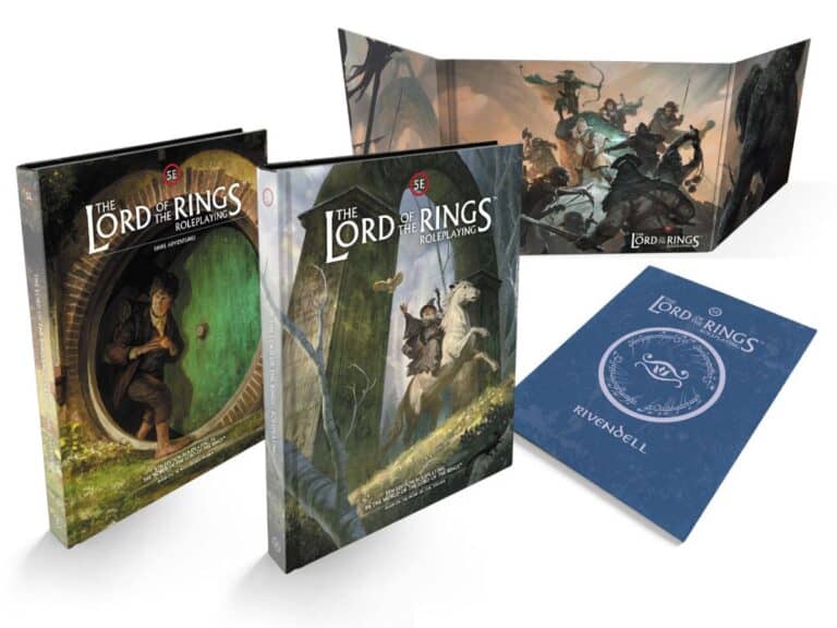 The "Lord of the Rings" tabletop roleplaying set offers a 5E experience with two illustrated rulebooks and a GM screen showcasing Middle-earth's beauty. You'll also find a detailed map of Rivendell to enhance your adventures.