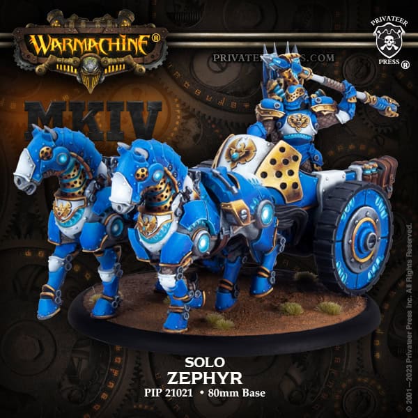 This intricate miniature set from WARMACHINE MKIV, crafted by Privateer Press, showcases Solo Zephyr in a chariot pulled by two armored horses. The figures are brilliantly painted in blue and gold, with the game's logo providing a striking backdrop.