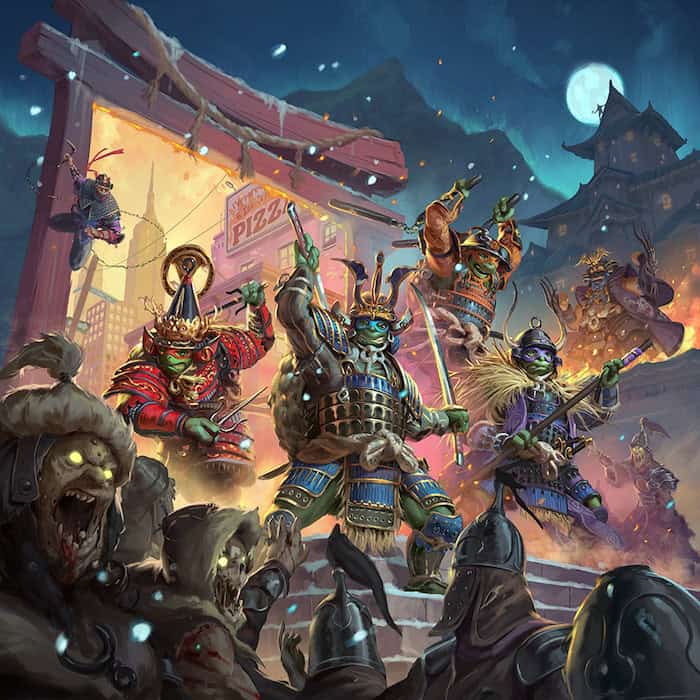 Futuristic samurai warriors in colorful armor battle undead foes in a burning city, channeling a TMNT vibe. A pizza shop sign glows amidst the chaos, where smoke and flames dance under a full moon. The scene is dramatic, capturing the essence of this Zombicide struggle.