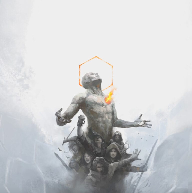 A group of hooded figures reaches towards a central, glowing humanoid figure standing with arms open. An orange geometric shape hovers above its head, emitting light. The scene feels like a mystical tableau from a Modiphius roleplaying game, enveloped in a misty, ethereal atmosphere.