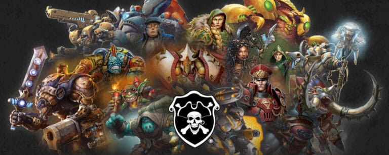 In a dynamic collage, various armored fantasy characters wield unique weapons and gear. At the center, a skull with a jester hat represents the new launch by Privateer Press. The dark background accentuates vibrant colors, building anticipation within the excited community hub.