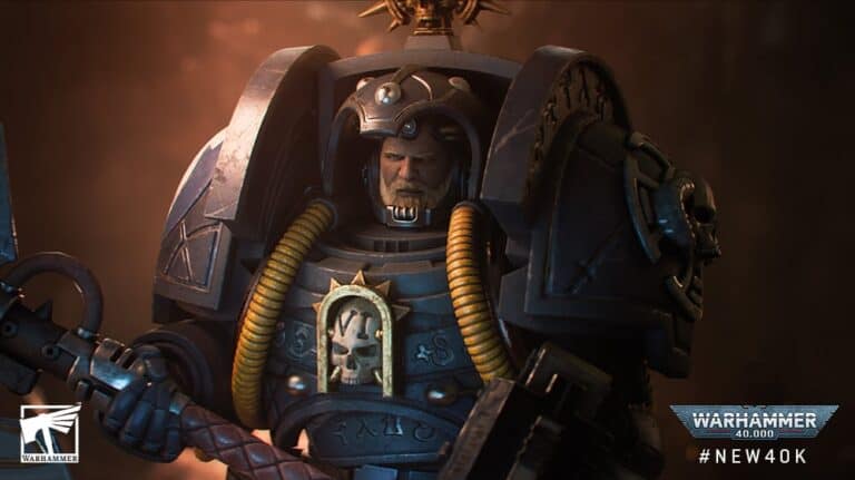 A heavily armored warrior, resembling a Terminator Librarian, dons intricate black power armor with gold accents and a helmet adorned with a skull emblem. He wields a large weapon, set against a dark, atmospheric backdrop suggestive of Warhammer 40,000's futuristic sci-fi realm.
