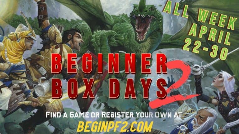 Fantasy-themed artwork depicting daring adventurers battling a fierce dragon, showcasing the excitement of Pathfinder's Second Edition. Text overlay: "BEGINNER BOX DAYS 2, ALL WEEK APRIL 22-30." Visit "BEGINPF2.COM" for more. Adventurers wear diverse medieval attire wielding weapons.