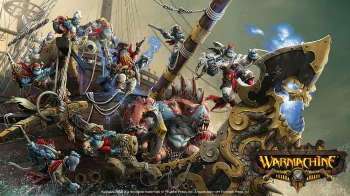 A dynamic fantasy scene unfolds as Brineblood Marauders and armored warriors clash in action-packed combat aboard a ship with elaborate designs and a dragon-shaped prow. The MKIV "WARMACHINE" logo is prominently displayed at the bottom right.