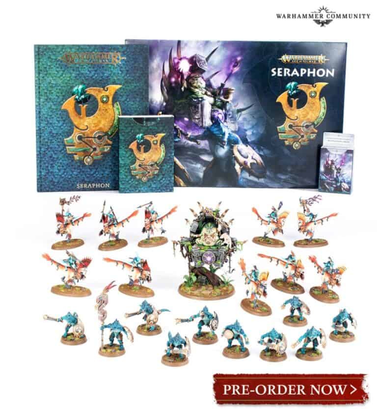 Tabletop gaming set showcasing the upcoming Seraphon release from Warhammer. This collection includes intricately painted, reptilian, and mystical figures displayed in front of a Seraphon-themed box. Don’t miss out—secure yours today with the "Pre-Order Now" banner proudly displayed!
