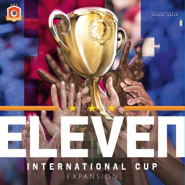 A group of diverse hands raises a golden trophy against a backdrop of red and blue colors. The words "Eleven International Cup Expansion" appear in bold white letters below, celebrating the strategic prowess akin to mastering Eleven Football Manager.