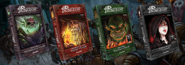 Four adventure game boxes from Mantic Games are showcased, each boasting fantasy-themed art: a skeletal mage, wizard, orc, and vampire. Titles include "Inside the Necromancer’s Lair," "Terrors of the Wizard’s Tower," "Revolt of the Goblin King," and "Curse of the Vampire." Perfect for RPG Miniatures fans!